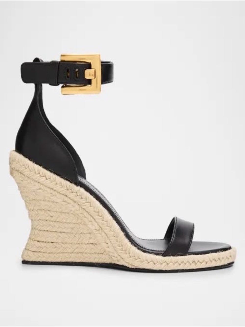 Balmain Black Leather Espadrille Wedge Sandals with Braided Jute Platform